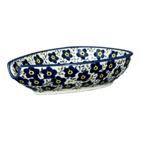 A picture of a Polish Pottery Spoon Rest, Small, 3.5" in "Floral Revival Blue" by Manufaktura | P093U-MKOB as shown at PolishPotteryOutlet.com/products/small-spoon-rest-floral-revival-blue-p093u-mkob