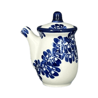 A picture of a Polish Pottery Zaklady Soy Sauce Pitcher (Blue Floral Vines) | Y1947-D1210A as shown at PolishPotteryOutlet.com/products/soy-sauce-pitcher-blue-floral-vines-y1947-d1210a
