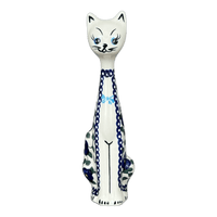 A picture of a Polish Pottery Figurine, Tall Cat, 9.5", WR (WR40C) in "Pansy Storm" by W.R. Ceramika | WR40C-EZ3 as shown at PolishPotteryOutlet.com/products/9-5-tall-cat-figurine-pansy-storm-wr40c-ez3