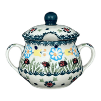 A picture of a Polish Pottery 3.5" Traditional Sugar Bowl (Lady Bugs) | C015T-IF45 as shown at PolishPotteryOutlet.com/products/3-5-the-traditional-sugar-bowl-lady-bugs-c015t-if45