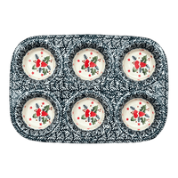 A picture of a Polish Pottery Muffin Pan (Evergreen Bells) | F093U-PZDG as shown at PolishPotteryOutlet.com/products/muffin-pan-evergreen-bells-f093u-pzdg