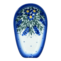 A picture of a Polish Pottery WR 3.5" x 5" Spoon Rest (Delphinium Spray) | WR55D-BW3 as shown at PolishPotteryOutlet.com/products/3-5-x-5-spoon-rest-delphinium-spray-wr55d-bw3