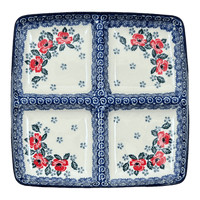 A picture of a Polish Pottery Divided Square Dish, 9.75" in "Rosie's Garden" by Ceramika Artystyczna | AB40-1490X as shown at PolishPotteryOutlet.com/products/divided-square-dish-rosies-garden-ab40-1490x