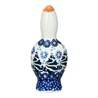 A picture of a Polish Pottery Pie Bird (Snowy Pines) | P189T-U22 as shown at PolishPotteryOutlet.com/products/pie-bird-snowy-pines-p189t-u22