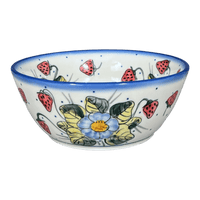 A picture of a Polish Pottery Bowl, Round, 7", WR (WR12C) in "Strawberries & Blossoms" by W.R. Ceramika | WR12C-WR2 as shown at PolishPotteryOutlet.com/products/wr-7-bowl-strawberries-blossoms-wr12c-wr2