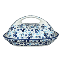A picture of a Polish Pottery Fancy Butter Dish (Scattered Blues) | M077S-AS45 as shown at PolishPotteryOutlet.com/products/7-x-5-fancy-butter-dish-scattered-blues-m077s-as45
