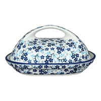 A picture of a Polish Pottery Butter Dish, Fancy, 5" x 7" in "Scattered Blues" by Manufaktura | M077S-AS45 as shown at PolishPotteryOutlet.com/products/7-x-5-fancy-butter-dish-scattered-blues-m077s-as45