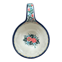 A picture of a Polish Pottery Bowl, Round, Loop Handle, 16 oz in "Hummingbird Bouquet" by Ceramika Artystyczna | A845-U3357 as shown at PolishPotteryOutlet.com/products/16-oz-loop-handle-bowl-hummingbird-bouquet-a845-u3357