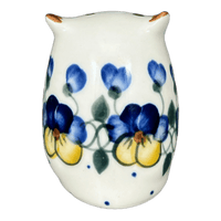 A picture of a Polish Pottery Figurine, Owl, 3" Small, WR (WR40J) in "Pansy Wreath" by W.R. Ceramika | WR40J-EZ2 as shown at PolishPotteryOutlet.com/products/wr-3-small-owl-figurine-pansy-wreath-wr40j-ez2