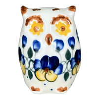 A picture of a Polish Pottery Figurine, Owl, 3" Small, WR (WR40J) in "Pansy Wreath" by W.R. Ceramika | WR40J-EZ2 as shown at PolishPotteryOutlet.com/products/wr-3-small-owl-figurine-pansy-wreath-wr40j-ez2