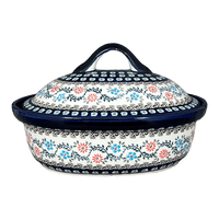 A picture of a Polish Pottery Baker, Covered, 12.5" x 10" Large in "Climbing Aster" by Zaklady | Y1158-A1145A as shown at PolishPotteryOutlet.com/products/12-5-x-10-large-covered-baker-climbing-aster-y1158-a1145a