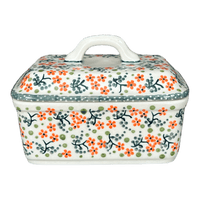 A picture of a Polish Pottery Butter Box (Peach Blossoms) | M078S-AS46 as shown at PolishPotteryOutlet.com/products/5-75-x-4-25-butter-box-peach-blossoms-m078s-as46