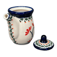 A picture of a Polish Pottery Zaklady Soy Sauce Pitcher (Scarlet Stitch) | Y1947-A1158A as shown at PolishPotteryOutlet.com/products/soy-sauce-pitcher-scarlet-stitch-y1947-a1158a