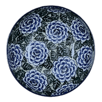 A picture of a Polish Pottery Bowl, Round, Serving, 10.5" in "Blue Dahlia" by Ceramika Artystyczna | AC36-U1473 as shown at PolishPotteryOutlet.com/products/10-5-serving-bowl-blue-dahlia-ac36-u1473