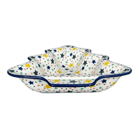 A picture of a Polish Pottery Bowl, Christmas Tree Shaped, 12.5" in "Star Shower" by Ceramika Artystyczna | AA52-359X as shown at PolishPotteryOutlet.com/products/12-5-christmas-tree-bowl-star-shower-aa52-359x