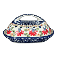A picture of a Polish Pottery Fancy Butter Dish (Mediterranean Blossoms) | M077S-P274 as shown at PolishPotteryOutlet.com/products/7-x-5-fancy-butter-dish-mediterranean-blossoms-m077s-p274