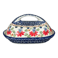 A picture of a Polish Pottery Butter Dish, Fancy, 5" x 7" in "Mediterranean Blossoms" by Manufaktura | M077S-P274 as shown at PolishPotteryOutlet.com/products/7-x-5-fancy-butter-dish-mediterranean-blossoms-m077s-p274