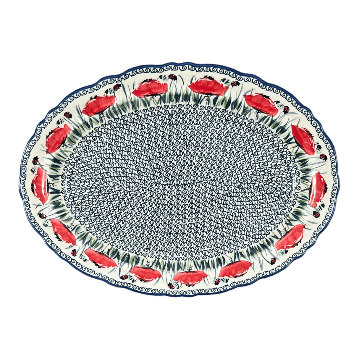 Platter, Oval, Scalloped, 16.75" x 12.25" Large in "Poppy Paradise" by Manufaktura | P165S-PD01