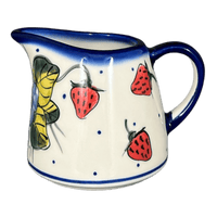 A picture of a Polish Pottery Creamer Bell, 3.25", WR (WR16A) in "Strawberries & Blossoms" by W.R. Ceramika | WR16A-WR2 as shown at PolishPotteryOutlet.com/products/wr-creamer-bell-strawberries-blossoms-wr16a-wr2