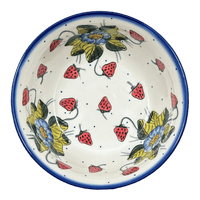 A picture of a Polish Pottery Bowl, Round, 7.75", WR (WR12D) in "Strawberries & Blossoms" by W.R. Ceramika | WR12D-WR2 as shown at PolishPotteryOutlet.com/products/7-75-bowl-strawberries-blossoms-wr12d-wr2