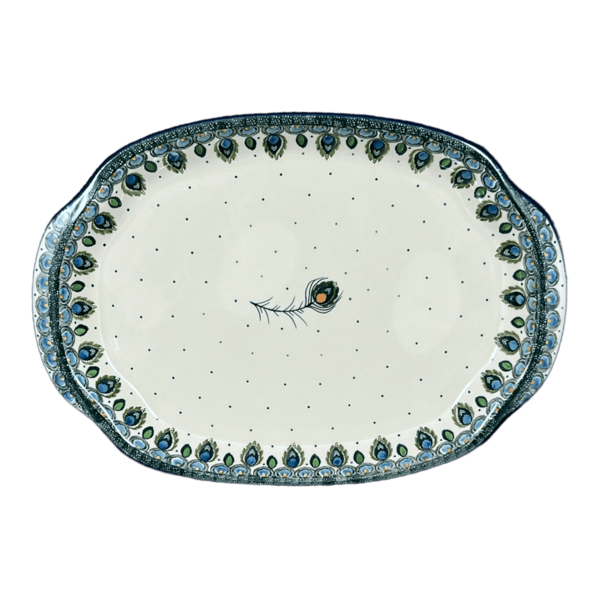 Tray, Oval, Handles, 10.75" x 15.25" in "Peacock Plume" by Ceramika Artystyczna | A684-2218X