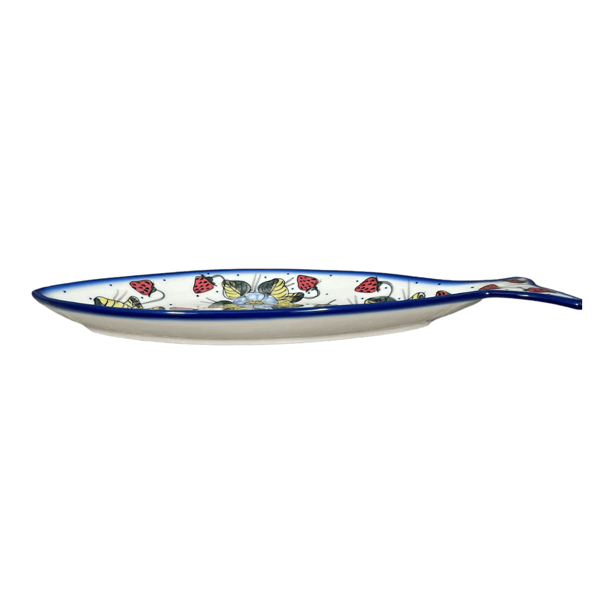 Plate, Fish-Shaped, 14.5" x 6.5", WR (WR13O) in "Strawberries & Blossoms" by W.R. Ceramika | WR13O-WR2