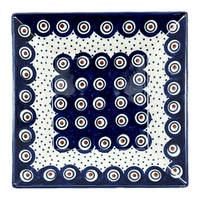 A picture of a Polish Pottery Plate, Square, Dessert, 7" in "Peacock Dot" by Manufaktura | T158U-54K as shown at PolishPotteryOutlet.com/products/7-square-dessert-plates-peacock-dot-t158u-54k