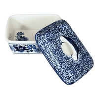 A picture of a Polish Pottery Butter Box (Duet in Blue) | M078S-SB01 as shown at PolishPotteryOutlet.com/products/5-75-x-4-25-butter-box-duet-in-blue-m078s-sb01