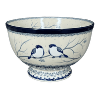 A picture of a Polish Pottery CA Deep 10" Pedestal Bowl (Bullfinch on Blue) | A215-U4830 as shown at PolishPotteryOutlet.com/products/c-a-deep-10-pedestal-bowl-bullfinch-on-blue-a215-u4830