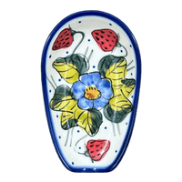 A picture of a Polish Pottery Spoon Rest, 3.5" x 5", WR (WR55D) in "Strawberries & Blossoms" by W.R. Ceramika | WR55D-WR2 as shown at PolishPotteryOutlet.com/products/3-5-x-5-spoon-rest-strawberries-blossoms-wr55d-wr2