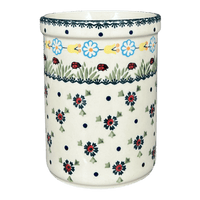 A picture of a Polish Pottery Utensil Holder (Lady Bugs) | P082T-IF45 as shown at PolishPotteryOutlet.com/products/7-utensil-holder-wine-chiller-lady-bugs-p082t-if45