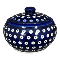 A picture of a Polish Pottery Container, Round, Covered, 5" x 4", WR (WR31I) in "Dot to Dot" by W.R. Ceramika | WR31I-SM2 as shown at PolishPotteryOutlet.com/products/round-covered-container-dot-to-dot