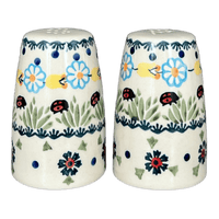 A picture of a Polish Pottery Salt & Pepper, 3.75" in "Lady Bugs" by Manufaktura | S086T-IF45 as shown at PolishPotteryOutlet.com/products/3-75-salt-and-pepper-lady-bugs-s086t-if45