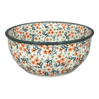 A picture of a Polish Pottery Bowl, Round, 6.5" in "Peach Blossoms - Solid Rim" by Manufaktura | M084S-AS46A as shown at PolishPotteryOutlet.com/products/6-5-bowl-peach-blossoms-solid-rim-m084s-as46a