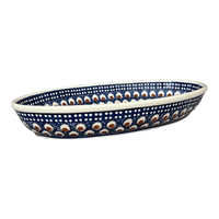 A picture of a Polish Pottery Baker, Oval, 14.6" x 9.1" in "Wiza Blue Plume" by Wiza | WZ212T-6W as shown at PolishPotteryOutlet.com/products/14-6-x-9-1-oval-baker-wiza-blue-plume-wz212t-6w-1