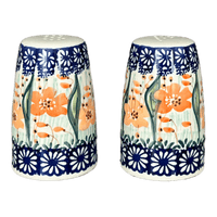 A picture of a Polish Pottery 3.75" Salt and Pepper (Sun-Kissed Garden) | S086S-GM15 as shown at PolishPotteryOutlet.com/products/3-75-salt-and-pepper-sun-kissed-garden-s086s-gm15