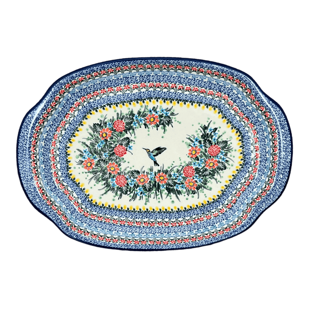 Tray, Oval, Handles, 10.75" x 15.25" in "Hummingbird Bouquet" by Ceram