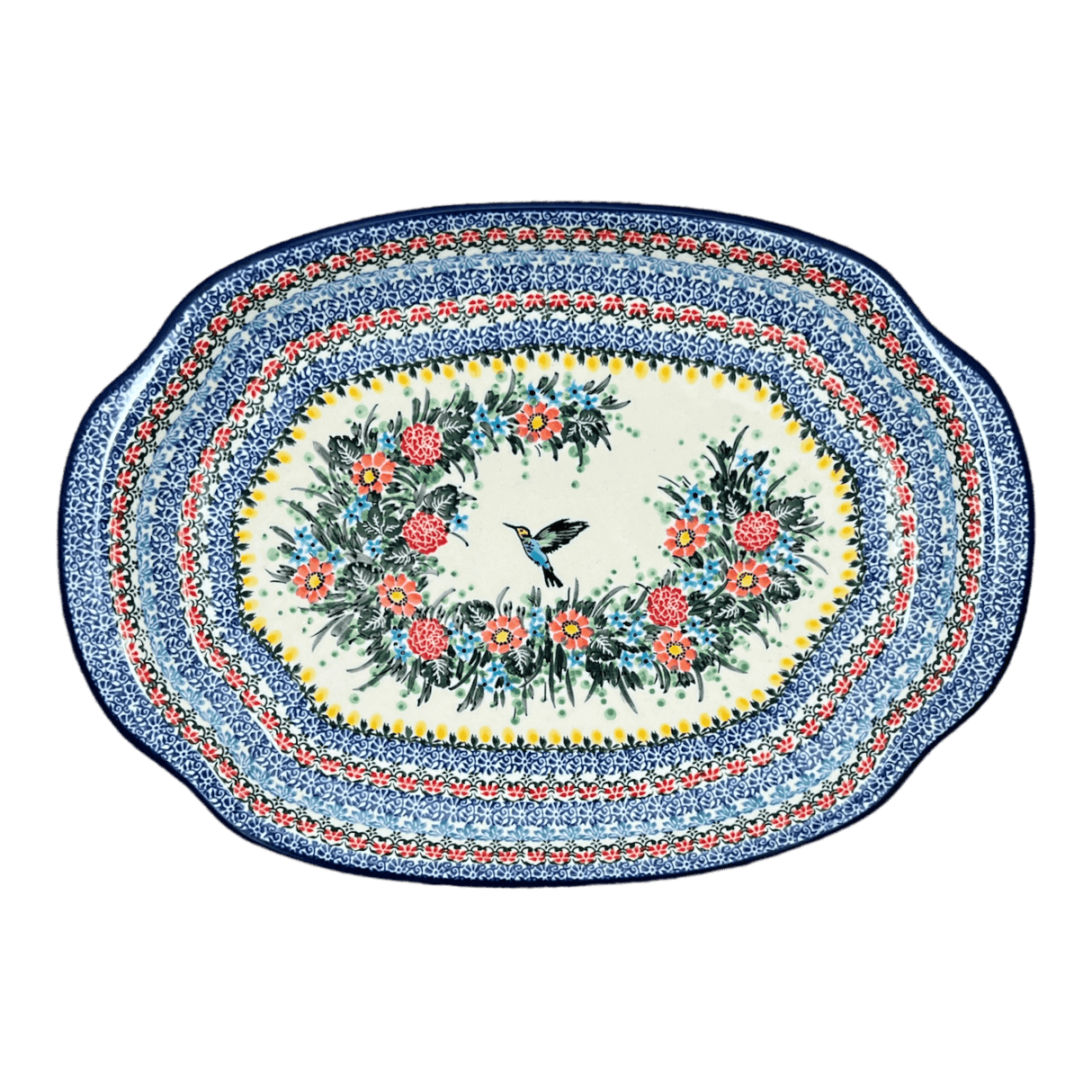 Tray, Oval, Handles, 10.75" x 15.25" in "Hummingbird Bouquet" by Ceramika Artystyczna | A684-U3357