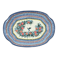 A picture of a Polish Pottery Tray, Oval, Handles, 10.75" x 15.25" in "Hummingbird Bouquet" by Ceramika Artystyczna | A684-U3357 as shown at PolishPotteryOutlet.com/products/10-75-x-15-25-oval-tray-with-handles-hummingbird-bouquet-a684-u3357