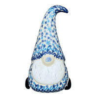 A picture of a Polish Pottery Figurine, Gnome, 8.5" Large in "Snow Flurry" by Galia | GAD40-PCH as shown at PolishPotteryOutlet.com/products/8-5-large-gnome-figurine-snow-flurry-gad40-pch