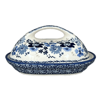 A picture of a Polish Pottery Fancy Butter Dish (Blue Life) | M077S-EO39 as shown at PolishPotteryOutlet.com/products/7-x-5-fancy-butter-dish-blue-life-m077s-eo39