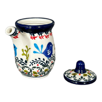 A picture of a Polish Pottery Zaklady Soy Sauce Pitcher (Circling Bluebirds) | Y1947-ART214 as shown at PolishPotteryOutlet.com/products/soy-sauce-pitcher-circling-bluebirds-y1947-art214