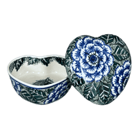 A picture of a Polish Pottery Heart Box, 4.5" in "Blue Dahlia" by Ceramika Artystyczna | A143-U1473 as shown at PolishPotteryOutlet.com/products/4-5-heart-box-blue-dahlia-a143-u1473