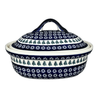 A picture of a Polish Pottery Baker, Covered, 12.5" x 10" Large in "Floral Pine" by Zaklady | Y1158-D914 as shown at PolishPotteryOutlet.com/products/12-5-x-10-large-covered-baker-floral-pine-y1158-d914