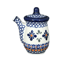 A picture of a Polish Pottery Zaklady Soy Sauce Pitcher (Blue Mosaic Flower) | Y1947-A221A as shown at PolishPotteryOutlet.com/products/soy-sauce-pitcher-blue-mosaic-flower-y1947-a221a