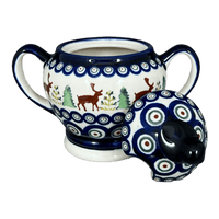 A picture of a Polish Pottery Zaklady Bird Sugar Bowl (Evergreen Moose) | Y1234-A992A as shown at PolishPotteryOutlet.com/products/bird-sugar-bowl-evergreen-moose-y1234-a992a