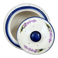 A picture of a Polish Pottery Container, Round, Covered, 5" x 4", WR (WR31I) in "Lavender Fields" by W.R. Ceramika | WR31I-BW4 as shown at PolishPotteryOutlet.com/products/round-covered-container-lavender-fields