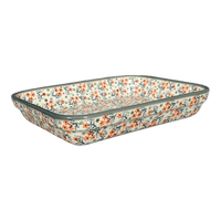 A picture of a Polish Pottery Baker, Rectangular, 8"x10" in "Peach Blossoms - Solid Rim" by Manufaktura | P103S-AS46A as shown at PolishPotteryOutlet.com/products/8x10-rectangular-baker-peach-blossoms-solid-rim-p103s-as46a