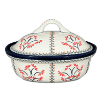 A picture of a Polish Pottery Baker, Covered, 12.5" x 10" Large in "Scarlet Stitch" by Zaklady | Y1158-A1158A as shown at PolishPotteryOutlet.com/products/12-5-x-10-large-covered-baker-scarlet-stitch-y1158-a1158a