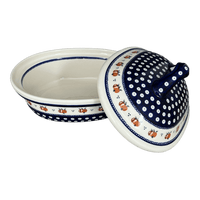 A picture of a Polish Pottery Baker, Covered, 12.5" x 10" Large in "Persimmon Dot" by Zaklady | Y1158-D479 as shown at PolishPotteryOutlet.com/products/12-5-x-10-large-covered-baker-persimmon-dot-y1158-d479